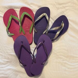 Havaianas Flip Flops in Pink, Purple, and Green